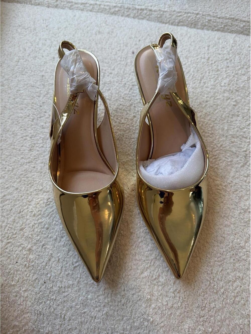 Ribongz Gold Slingback Heels Women Size 6 Pointed Toe Metallic Dress Pumps